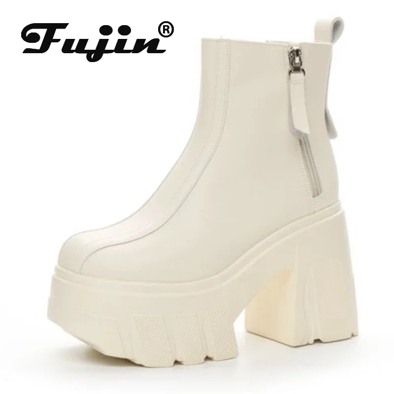 Fujin 11cm New Microfiber Leather Women High Brand Pumps Heels White Shoes ZIP Increase Casual Ankle Boots Platform Wedge Shoes