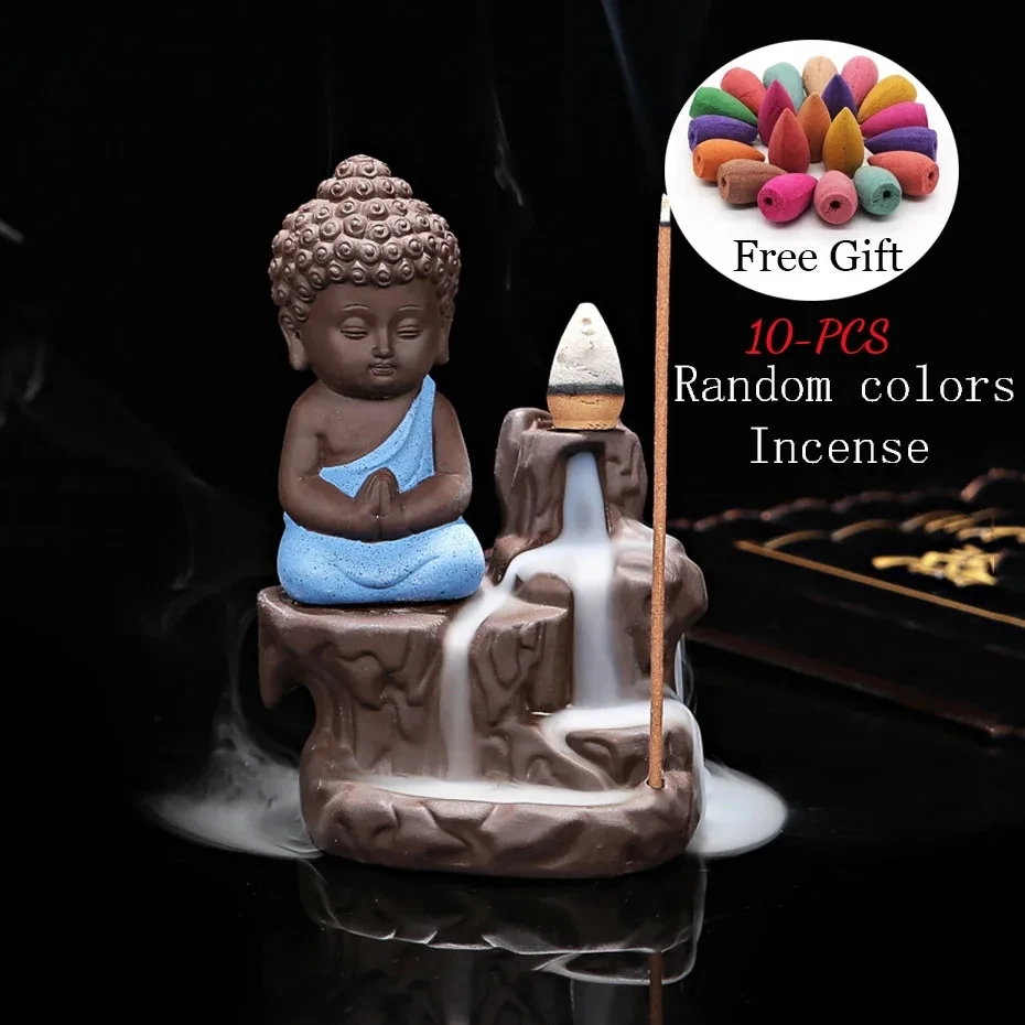 10pc Incense Cones + Burner Creative Home Decor The Little Monk Small Buddha Censer Backflow Incense Burner Use In Home Teahouse