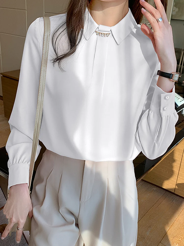 Long Sleeve Blouse Women Turn Down Collar Beading Chiffon Blouse Shirt Tops Women Blusas Mujer De Moda 2024 Blouses Blusa D598