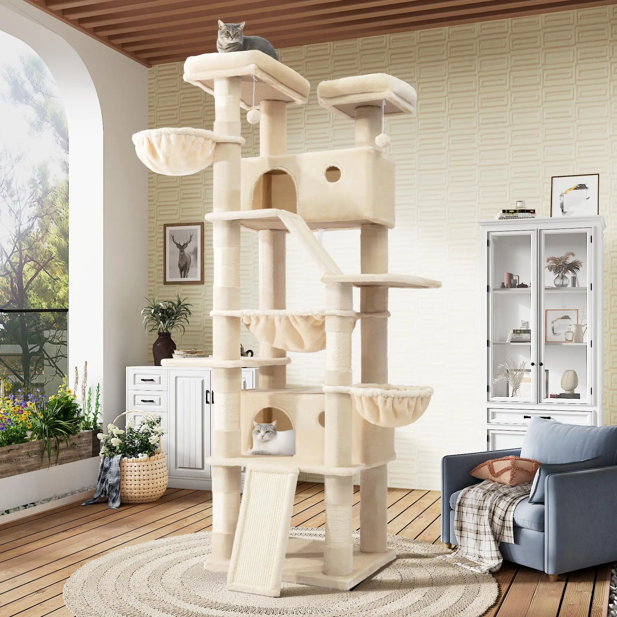 81in Multi-Level Tall Cat Tree Tower for Indoor Kitties/Larger Cat Condo Furniture with Hammock/Cozy Pussycat