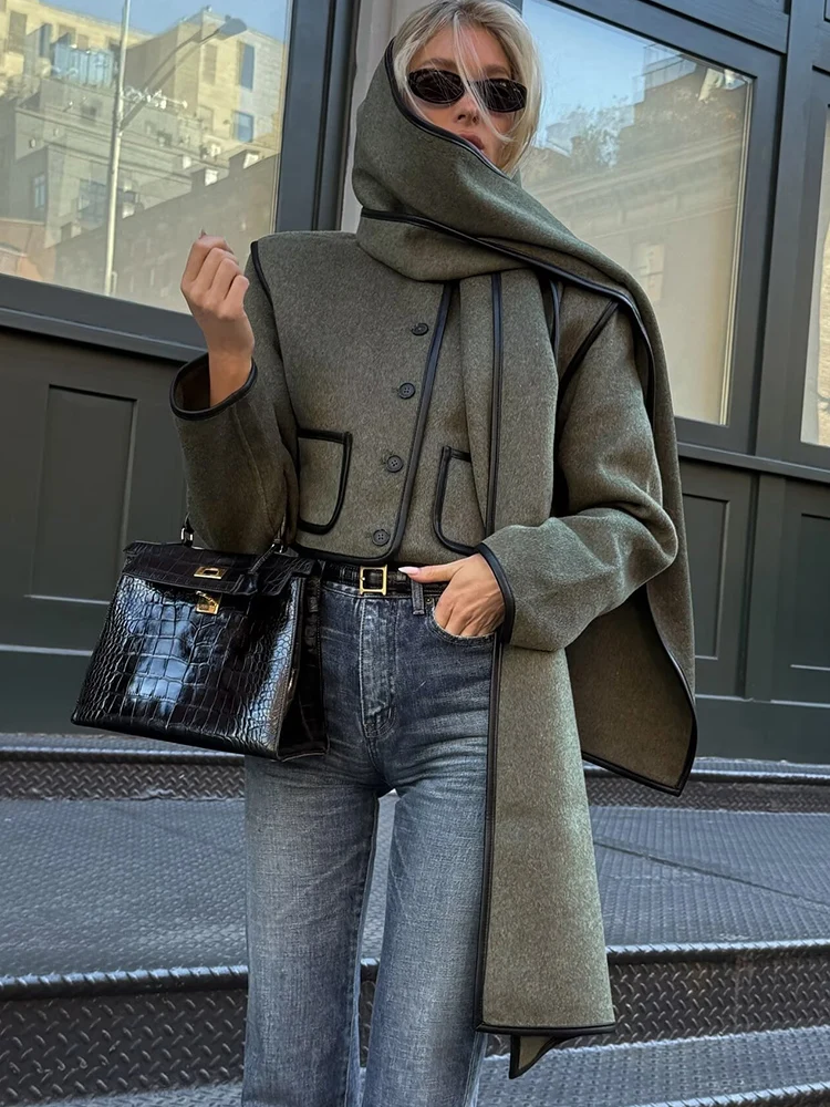 

Европейский и американский стиль, осенне-зимний новый женский дизайн, шерстяной кожаный шарф с краями, модное пальто