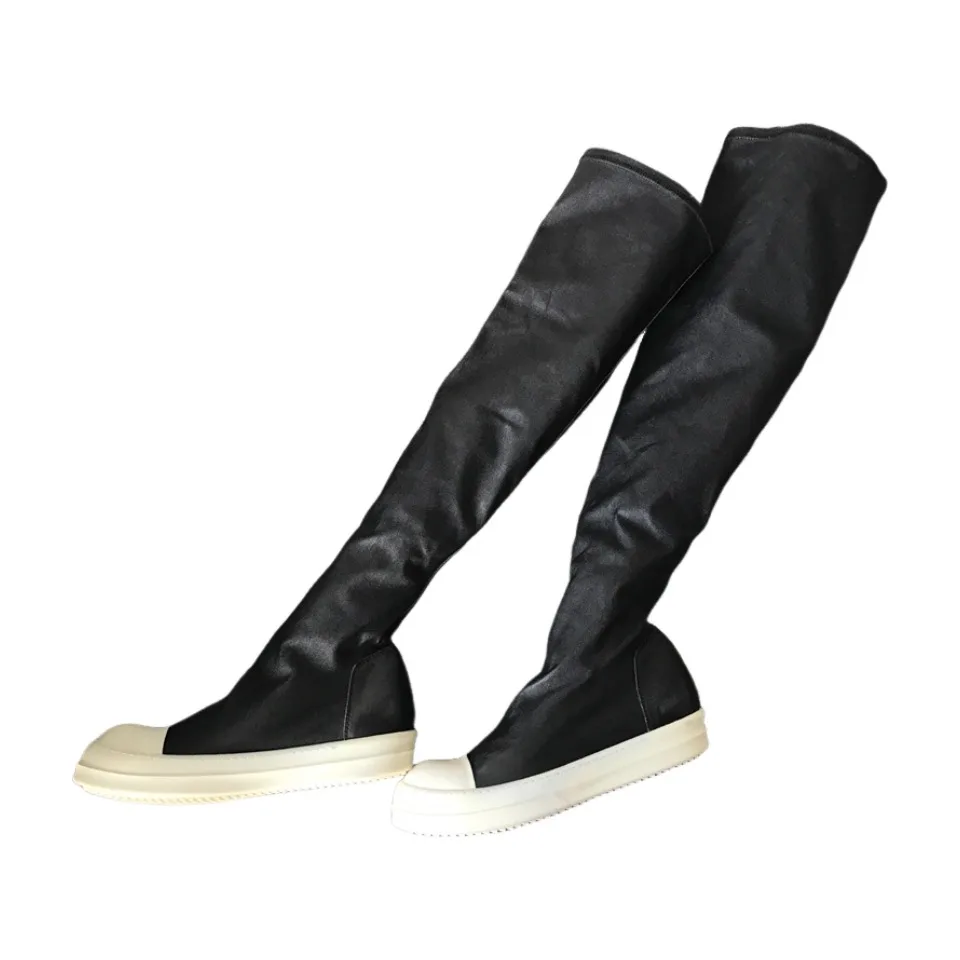 

Men's Over Knee High Shoes Sheepskin Leather Women's Motorcycle Boots Casual Falt Luxury Autumn Black Long Sock Designer Boots