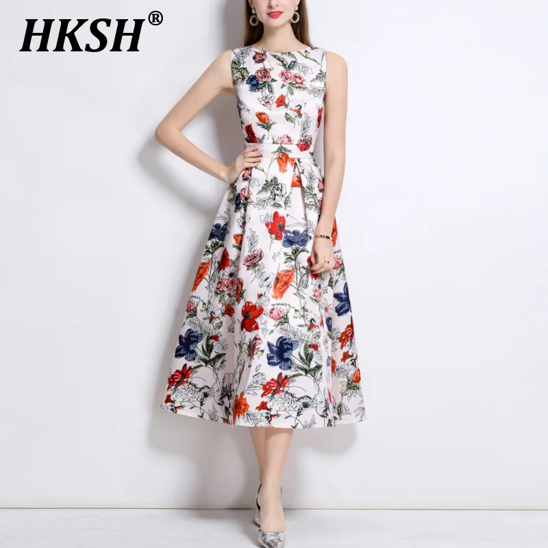 

HKSH Summer New Women Ins Trendy Elegant High Street Sleeveless O-neck High Waisted Slim Fit Printed Pleated A-line Dress HK6343