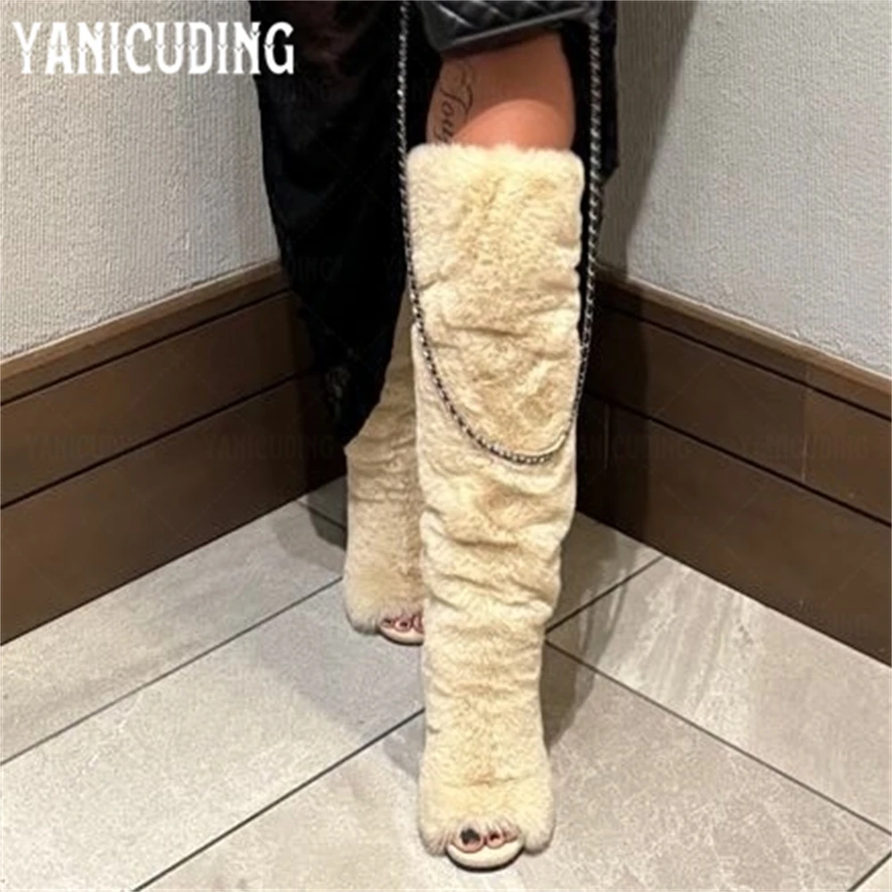 

Beige Faux Fur Peep Toe Knee Boots Warm Winter Stiletto Boots Novelty Fashion Style Open Toe Boots Handmade Slip on Women Boots