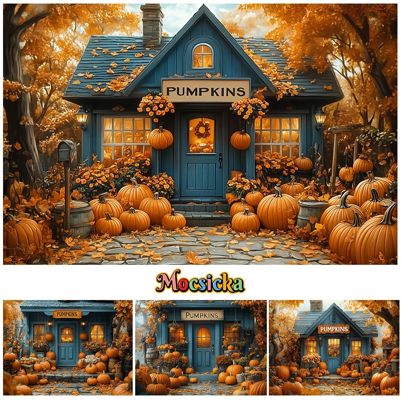 Mocsicka Fall Storefront Kids Girl Photography Child Baby Photocall Birthday Cake Smash Props Halloween Pumpkin Background