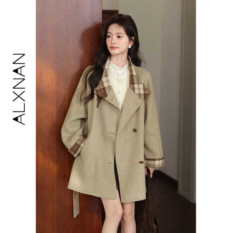 ALXNAN Winter Women Green Wool Coat Warm Plaid Patchwork Sheepskin Jacket 2025 Fashion Wool Outerwear Female L58870