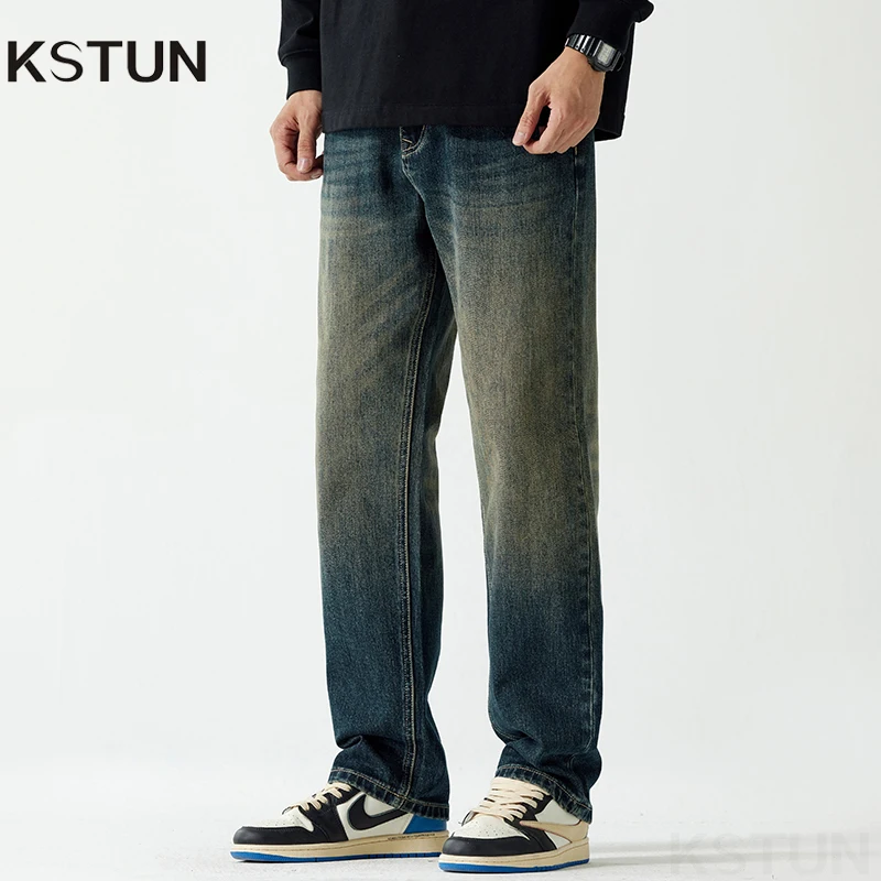 

KSTUN Retro Blue Jeans For Men Stretch High Quality Wide Leg Loose Denim Pants Streetwear Vintage Trousers Full Length Jeans