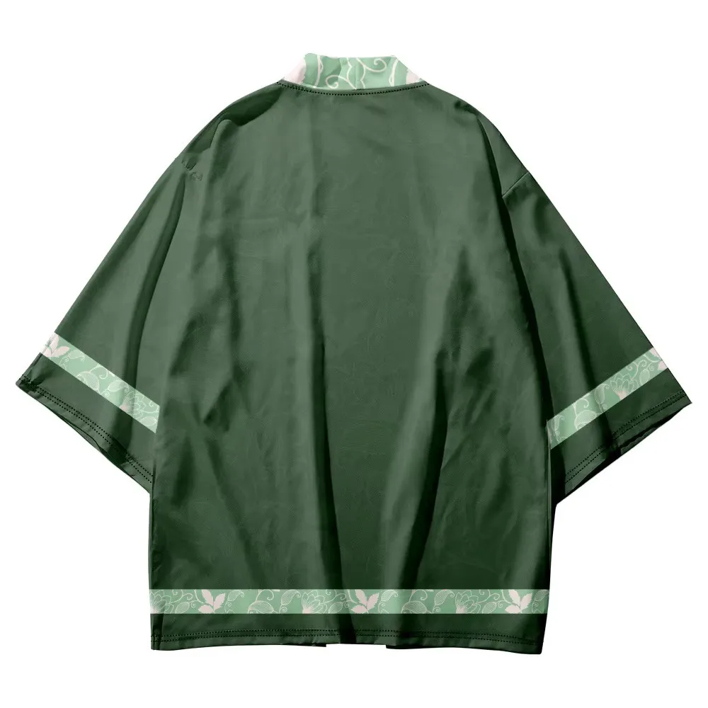 Green Kimono 2026 Summer Beach Geometric Print Japanese Samurai Kimono Fashion Men Women Cardigan Haori Obi Oversized Tops
