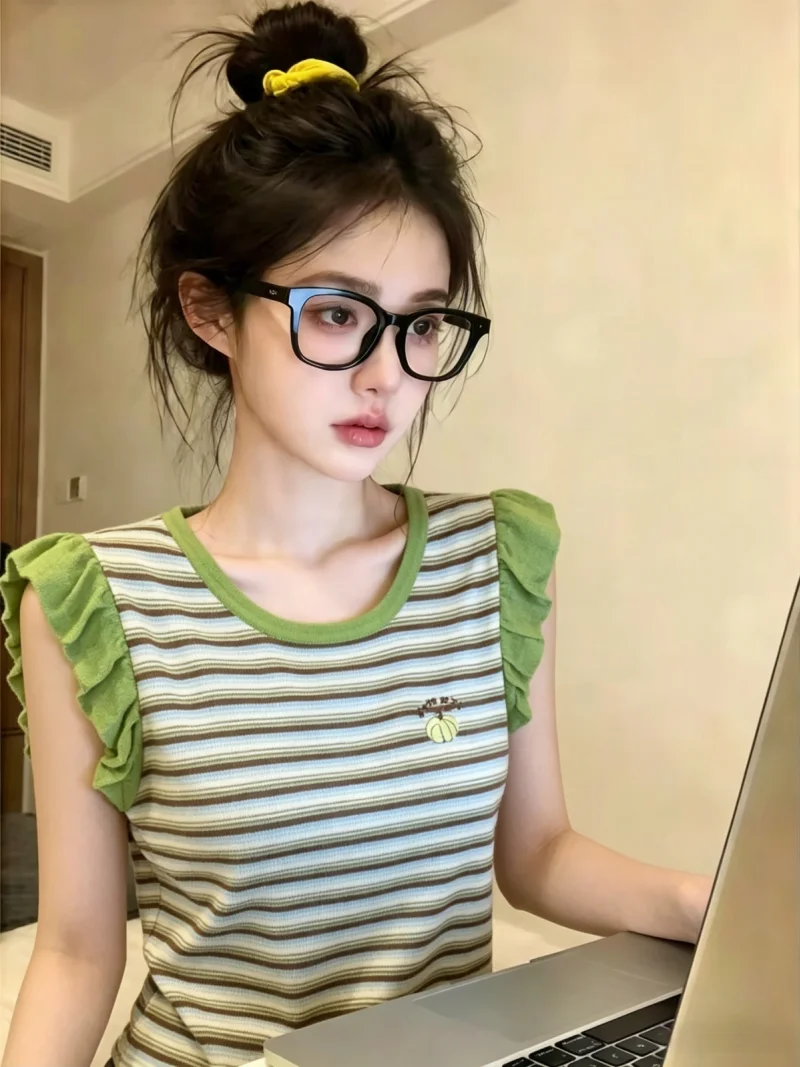 Korean Style Striped Fly Sleeve Knitted Sweater Women's Summer New High Grade Age Reduction Top Self-Reserve Item Color Block