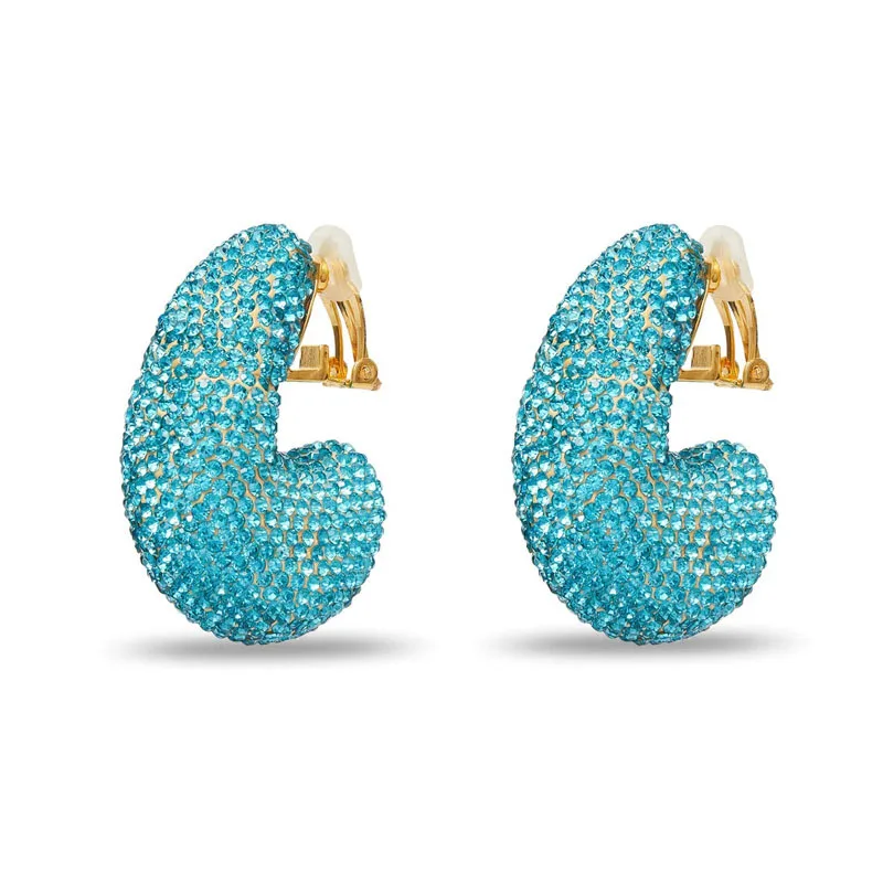 Dazzling Blue Rhinestone Kidney Shape Earrings Clip On Earrings Women Unique Curved Design Sparkling Crystal Jewelry for Party