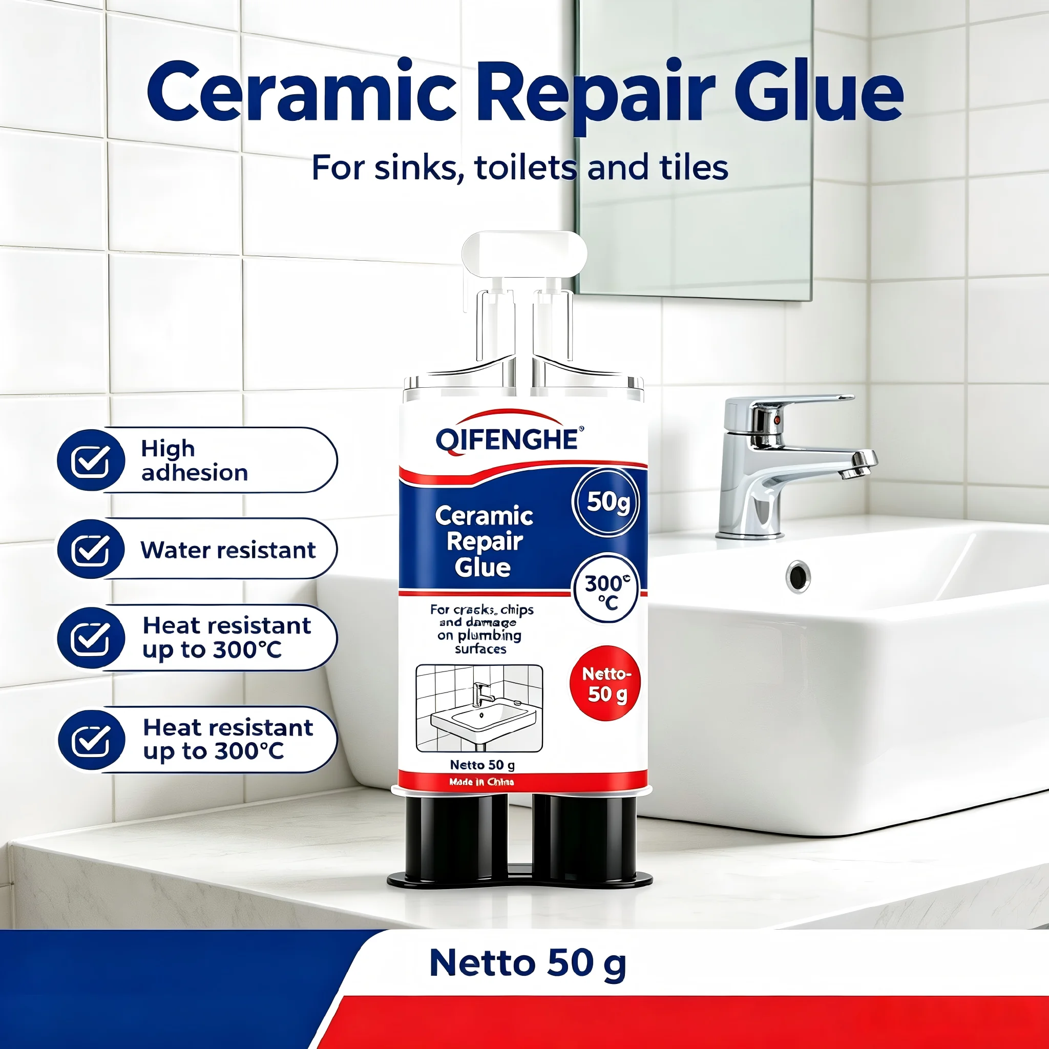 QIFENGHE Ceramic Repair Glue 50g, High Temperature Resistant 300℃ Waterproof Adhesive for Toilet Sink Tile Crack Chip Repair, Wh