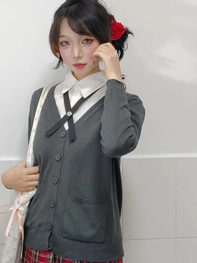 Cardigã JK marrom com decote em V original, cardigã elegante de manga comprida – macio, confortável, quente, roupas diárias da moda feminina