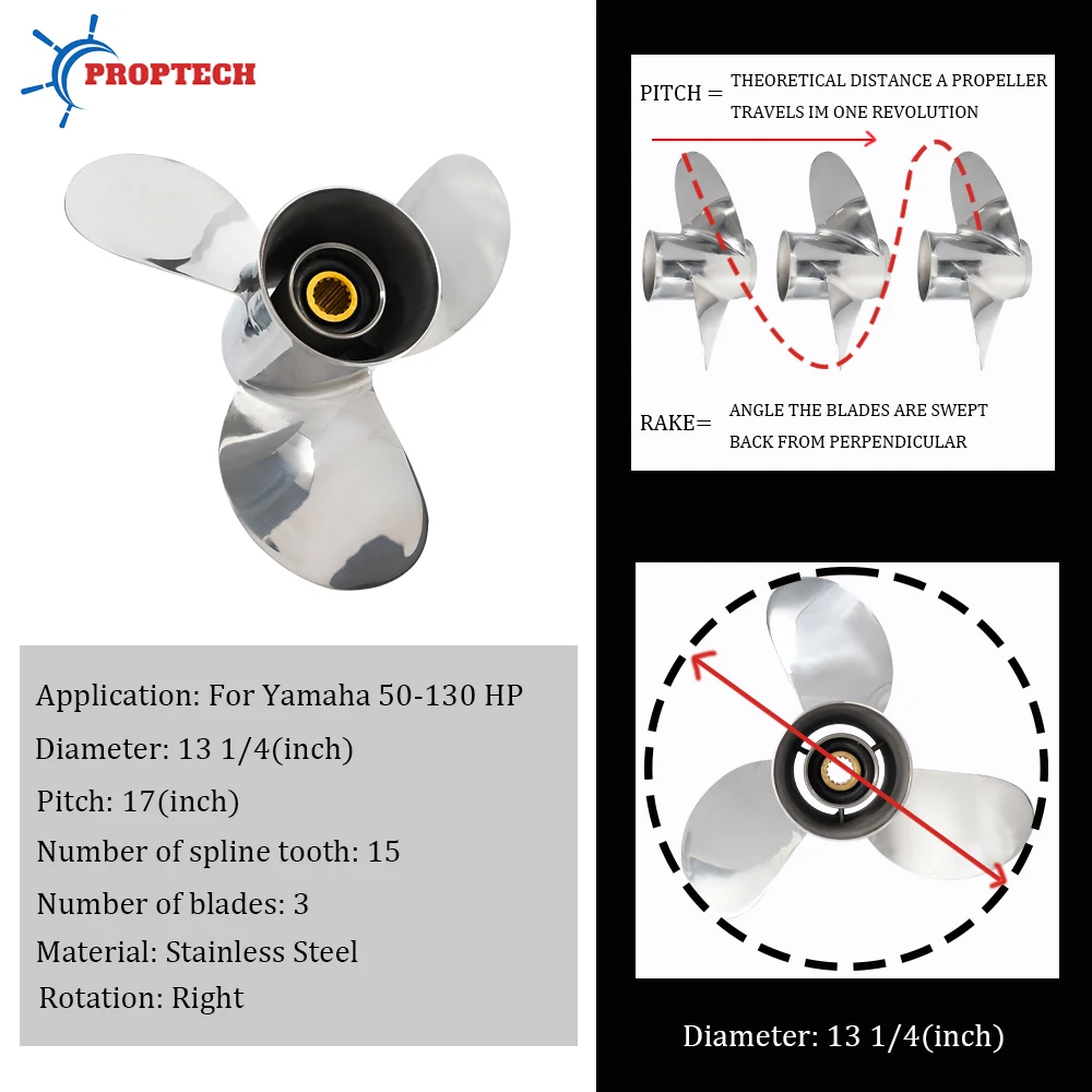 For Yamaha 13 1/4*17 Stainless Steel Propeller 3 Blade 15 Spline 50 60 70 75 80 85 90 100 115 130HP Outboard Motor