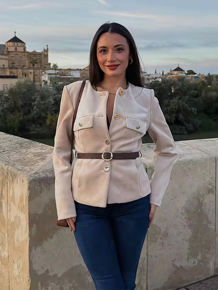 

Шикарный модный замшевый пиджак, женский осенний однобортный пиджак с длинными рукавами и поясом, повседневный новый женский костюм, пальто