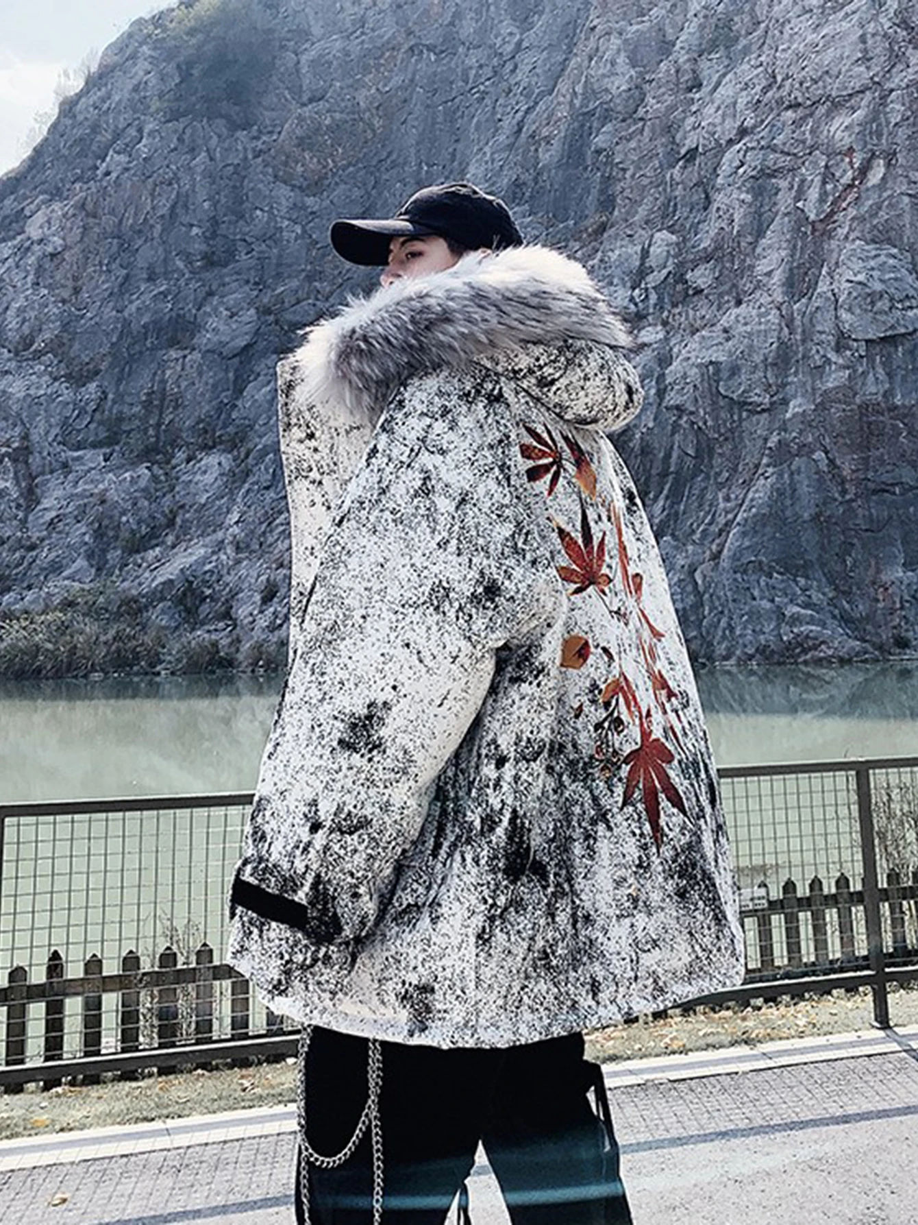 REDDACHIC Maple Leaf Print Men's Puffer Down Jacket Faux Fur Hooded Oversized Coat Warm Winter Outwear Hip Hop Retro Streetwear