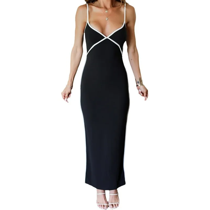 Vacation Beach Sexy Backless Halter Dress Black White Line Summer Elegant Slim Party Gown for Women V Neck Sleeveless Prom Dress
