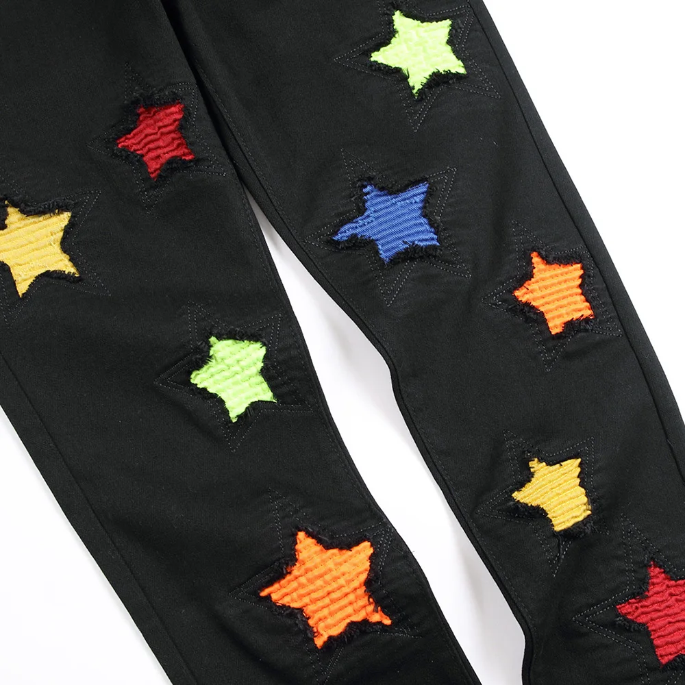 Men Stars Patches Denim Jeans Multi Color Patchwork Stretch Denim Pants Roll up Hem Slim Straight Trousers