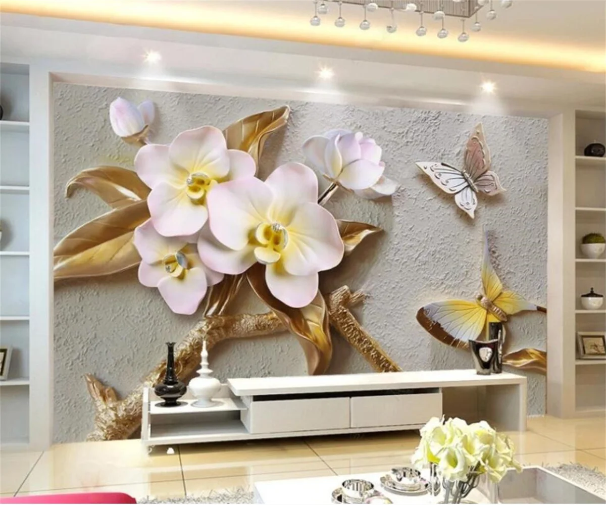 

Custom wallpaper papel de parede 3D three-dimensional Phalaenopsis relief TV background wall Nordic decorative painting