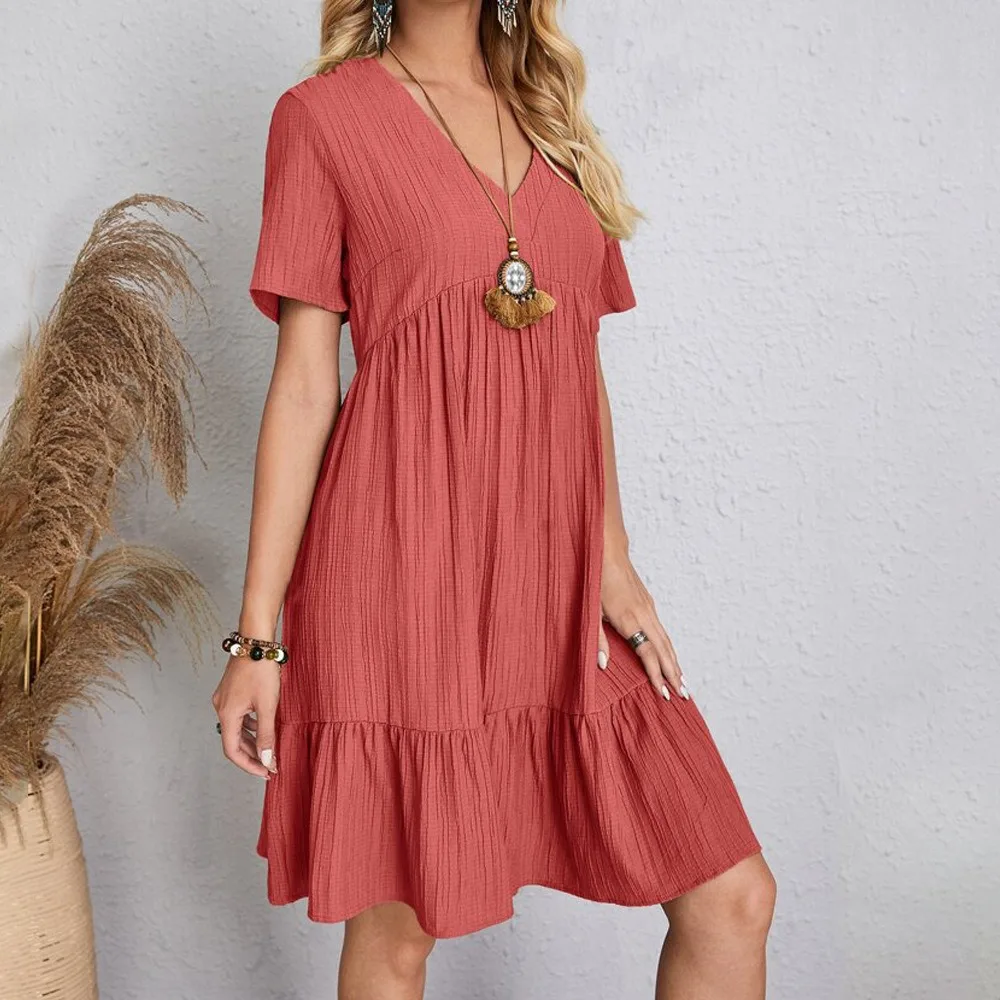 Women Summer Dresses Spring V-Neck Short Sleeve Loose Waist Ruffle Fit Flare Vocation Dresses