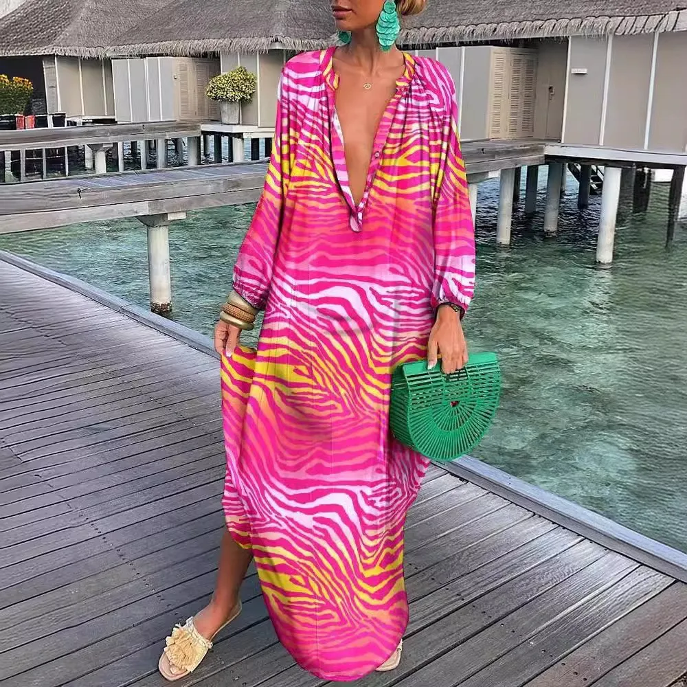 ボヘミアンプリントビーチドレス 2025 新作 夏 エレガント ディープVネック 長袖 マキシ丈ワンピース レディース セクシー ゆったり オーバーサイズ バケーションドレス