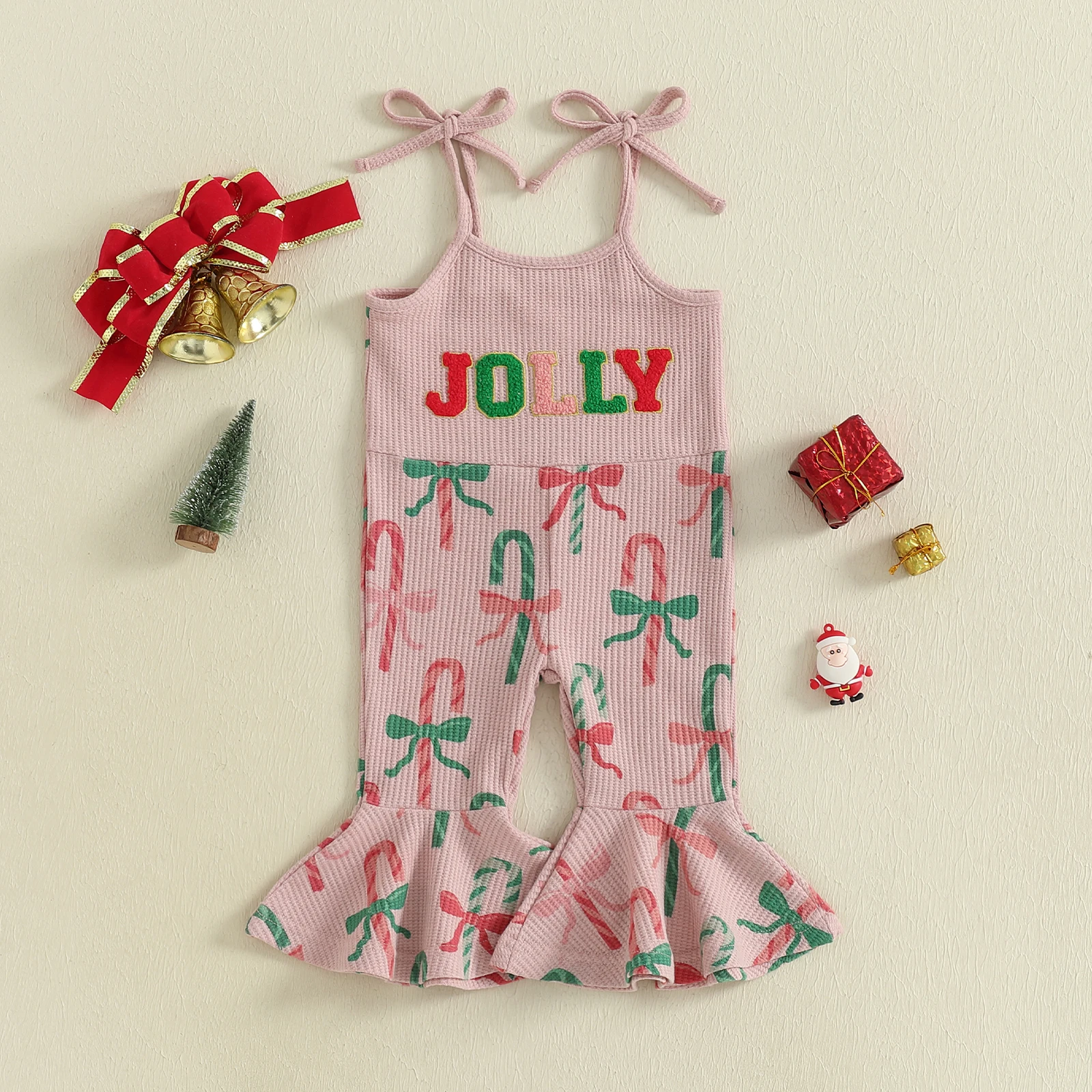 

2025-05-26 Lioraitiin Toddler Baby Girls Christmas Overalls Romper Candy Cane Print Letter Embroidery Sleeveless Jumpsuit