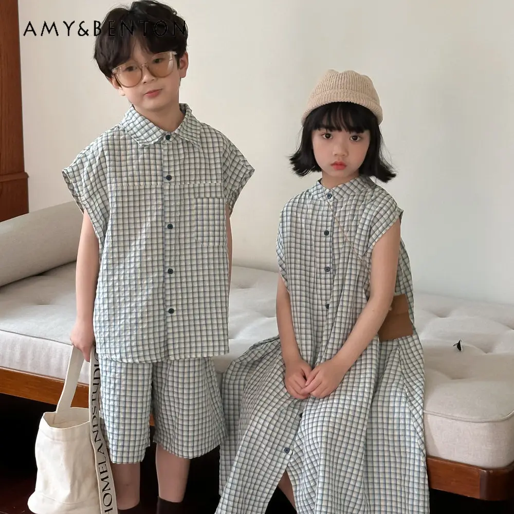 kids-outfit-set-boys-plaid-short-sleeve-shirt-and-shorts-girls-loose-fit-dress-casual-summer-fashion-streetwear-matching-outfits