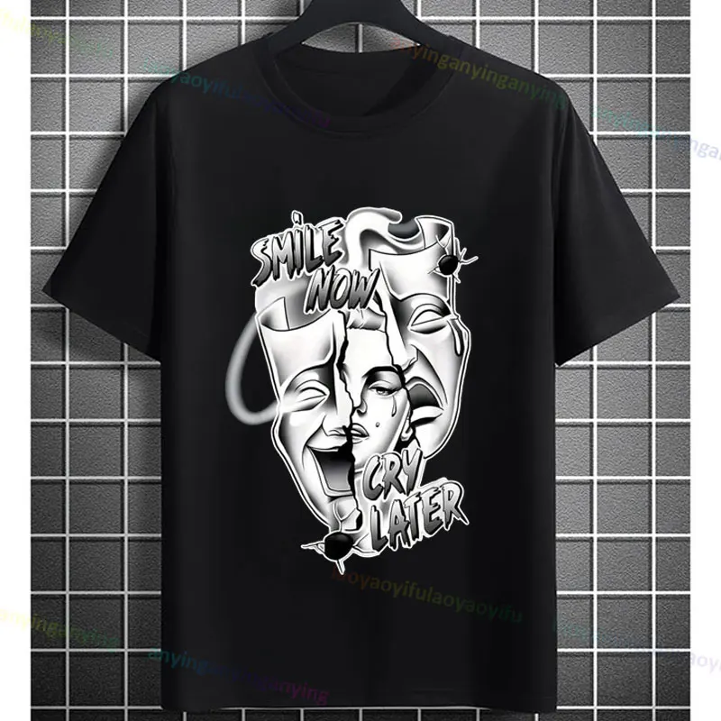 Men's Funny Comedy & Tragedy Masks & White Roses Art Graphic T-shirt Short-sleeve Pure Cotton Fashion Streetwear Casual Tshirt view 5