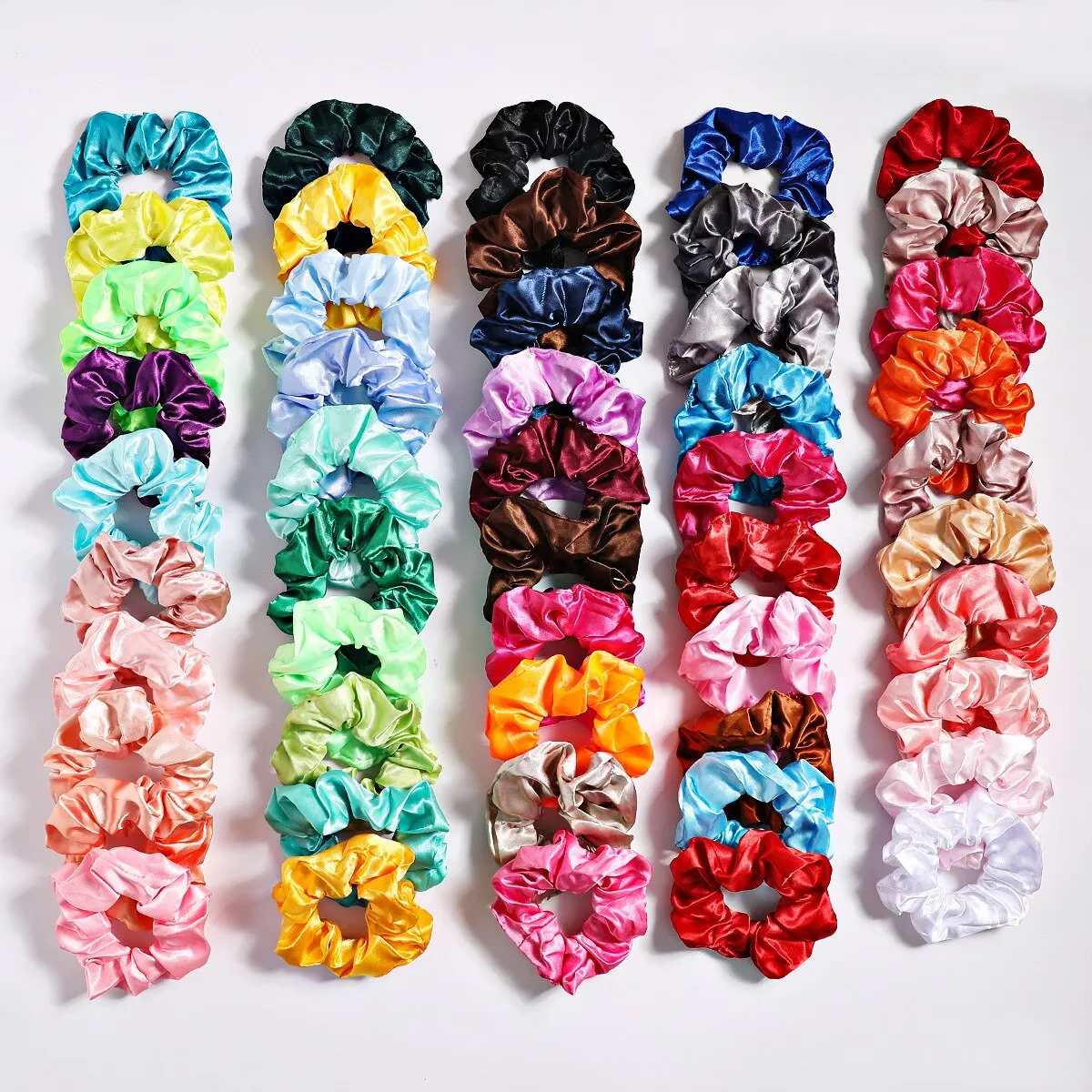 Scrunchies de cetim para mulheres e meninas, elásticos, rabo de cavalo, laços de borracha, acessórios de moda, 50 pcs, 30 pcs, 10pcs