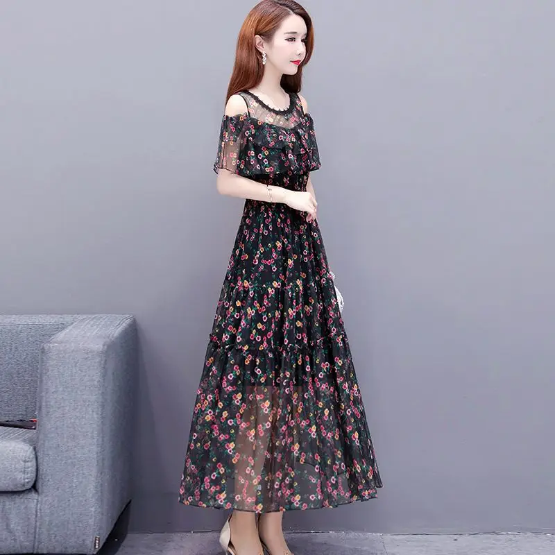 Elegant O-Neck Spliced Folds Ruffles Off Shoulder Floral Dress Women Clothing 2024 Summer New Loose Office Lady Midi Dress