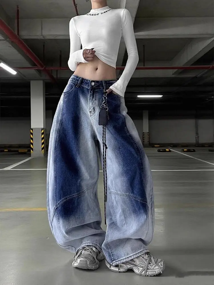 

Retro American Washed Gradient Women's Jeans Autumn Loose Wide Leg Pants Casual Comfortable Blue Denim Natural Waist Zipper