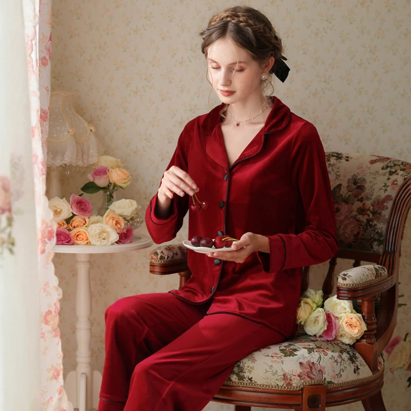 Burgundy Red Velour Pyjamas Velvet Two Piece Pajama Set Women Autumn Winter Long Sleeve Sleepshirts Trousers Nightwear Sleepwear