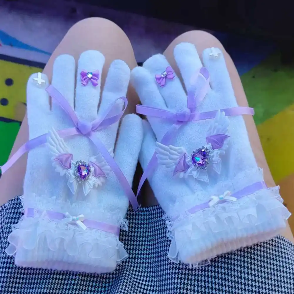 Women Japanese Y2K Girl Sweet Lolita Cute Full Finger Gloves With Rhinestone Angel Wing Bow Cross Decor Bow Subculture Mittens 3