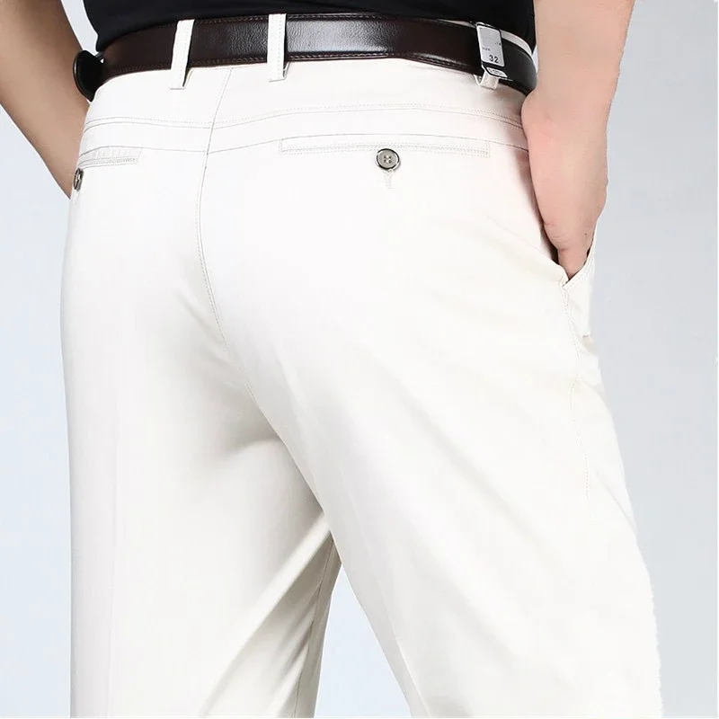 Summer Ice Silk Cotton White Pants Men Thin Middle-aged Mens Casual Business Straight High Waist Long Trousers Office Wear Male