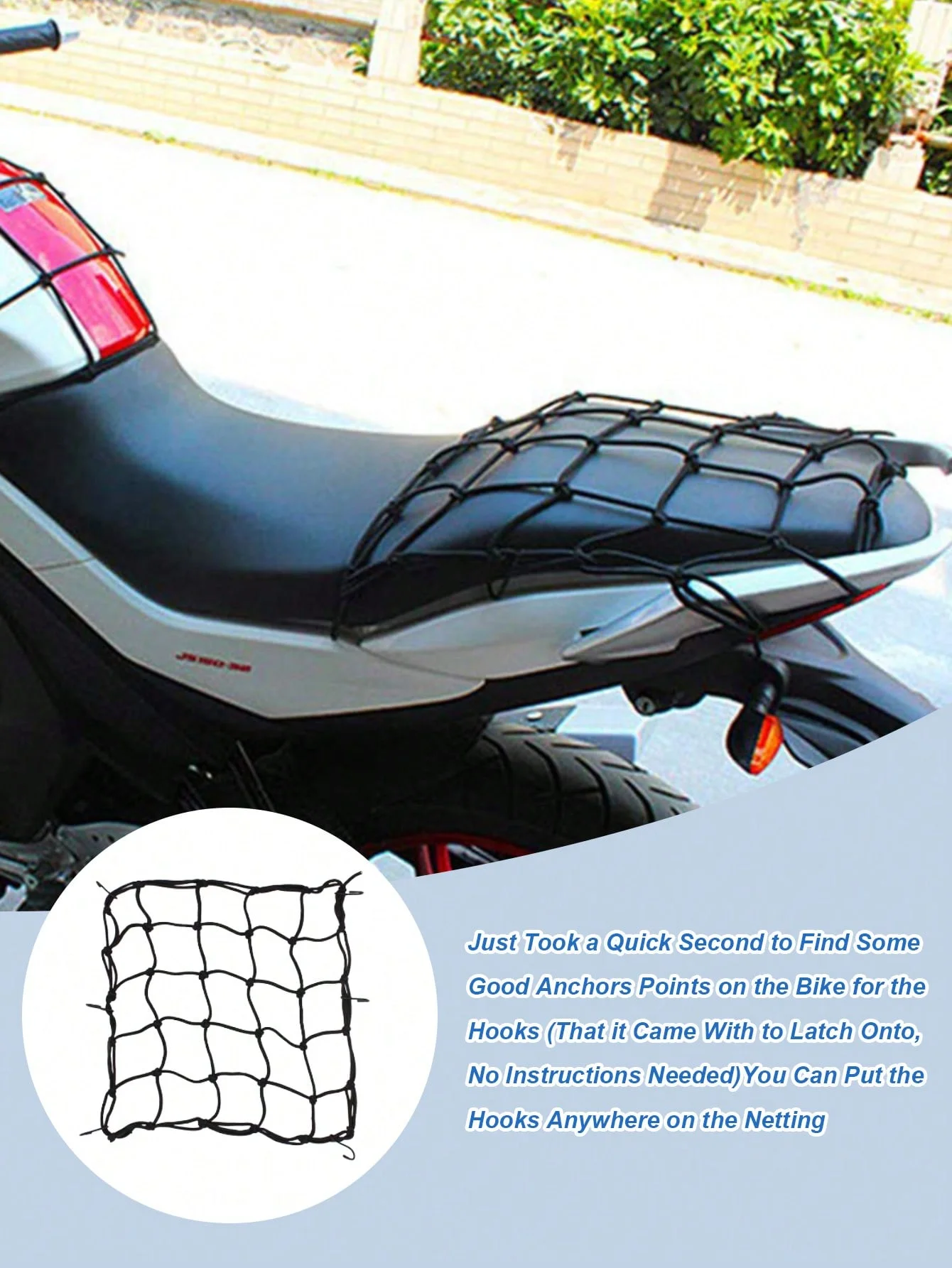 30x30cm Elastic Cargo Net (W/Hooks), Durable Stretch Mesh, Fits Motorcycle/Bike/Electric Scooter (Rear Seat/Tank), Fuel Tank Net image 2
