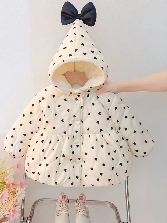 

Теплая зимняя куртка для девочек из хлопка с капюшоном, на флисовой подкладке, в корейском стиле, с узором в горошек