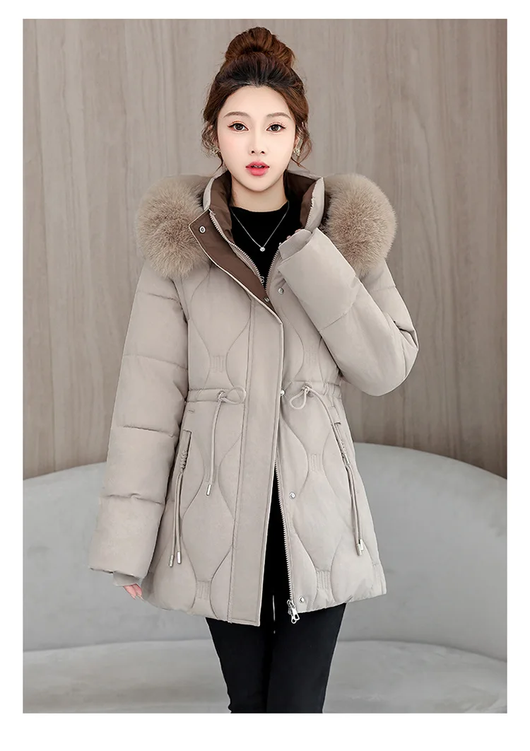 Simple Solid Color Large Fur Collar Hooded Removable Long-sleeved Down Cotton Jacket Women's 2025 Winter Thickened Warm Jacket