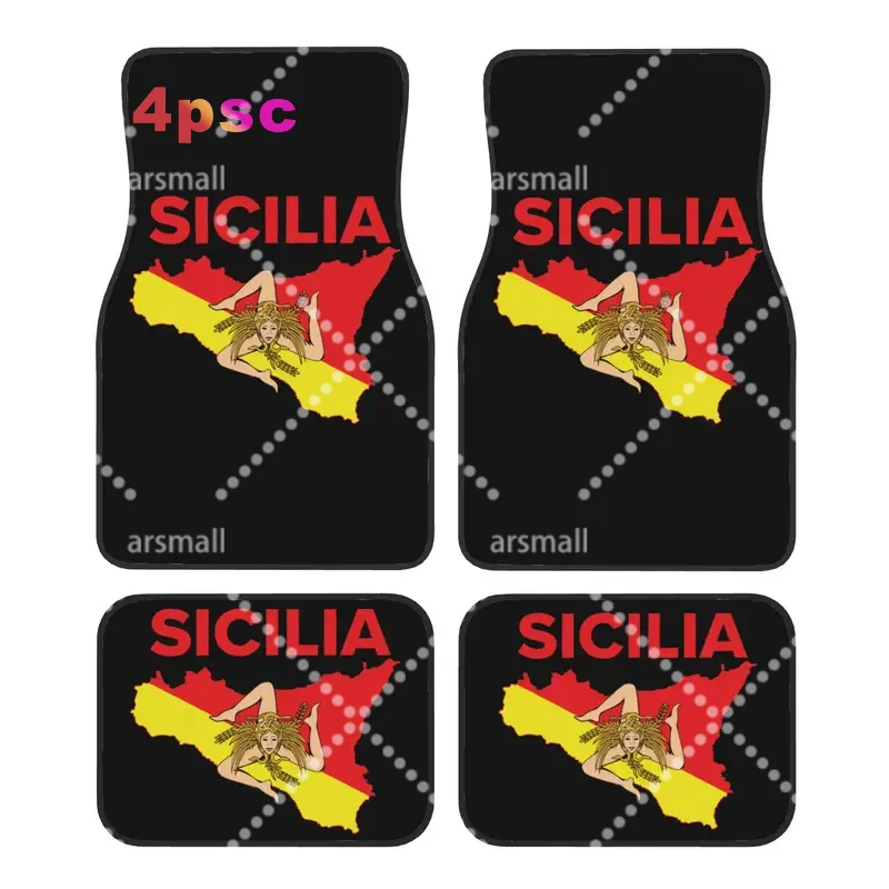 Map of Sicily Trinacria Car Floor Mats of 4 Pieces Crystal Velvet Rugs Sicilian Pride Universal Car Front Rear Carpets Foot Mats