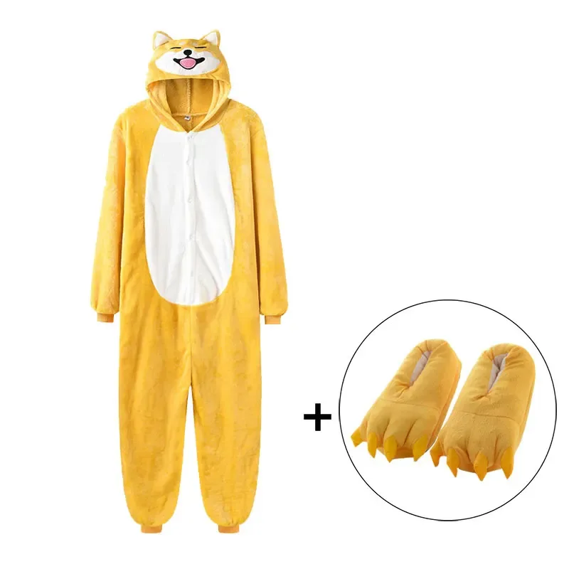

Unisex Warm Flannel Couples Onesie Yellow Shiba Inu Kigurumis Pajamas Home Wear Funny Overall Winter Onesie