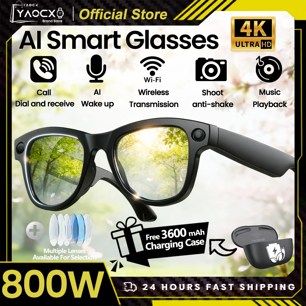 2026 4K HD AI النظارات الذكية 32GB تخزين 800MP كاميرا WiFi نقل BT دعوة الدردشة GPT مساعد الصوت مع علبة شحن 3600mAh #1