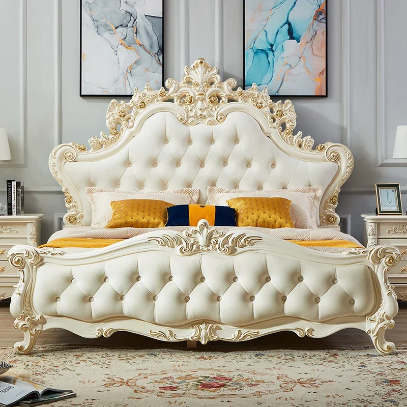 

High End Luxury Double Bed Gold Carved Modern Frame Queen Double Bed Floor Sleeping European Cama Matrimonial Bedroom Furniture