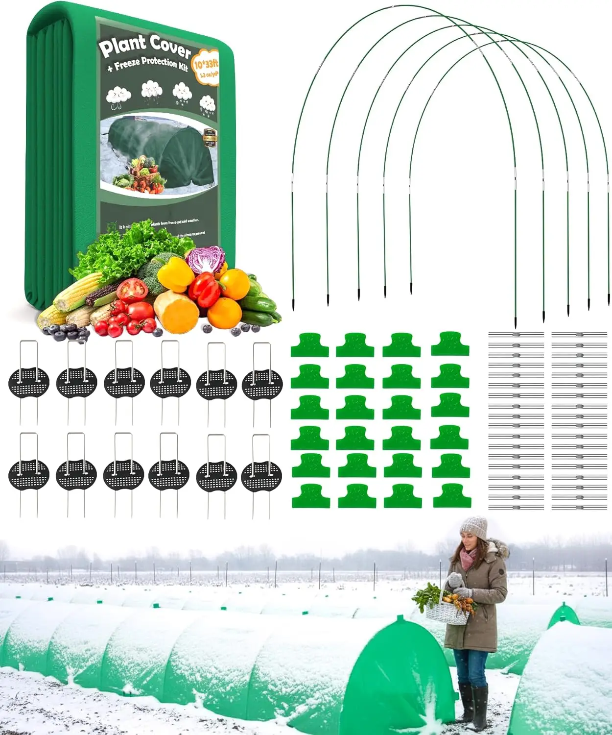 

10ft x 33ft Plant Frost Protection Cover, 1.3 oz/yd² Reusable Freeze Blanket with 36 Hoops & 12 Stakes, Garden Greenhouse Tunnel