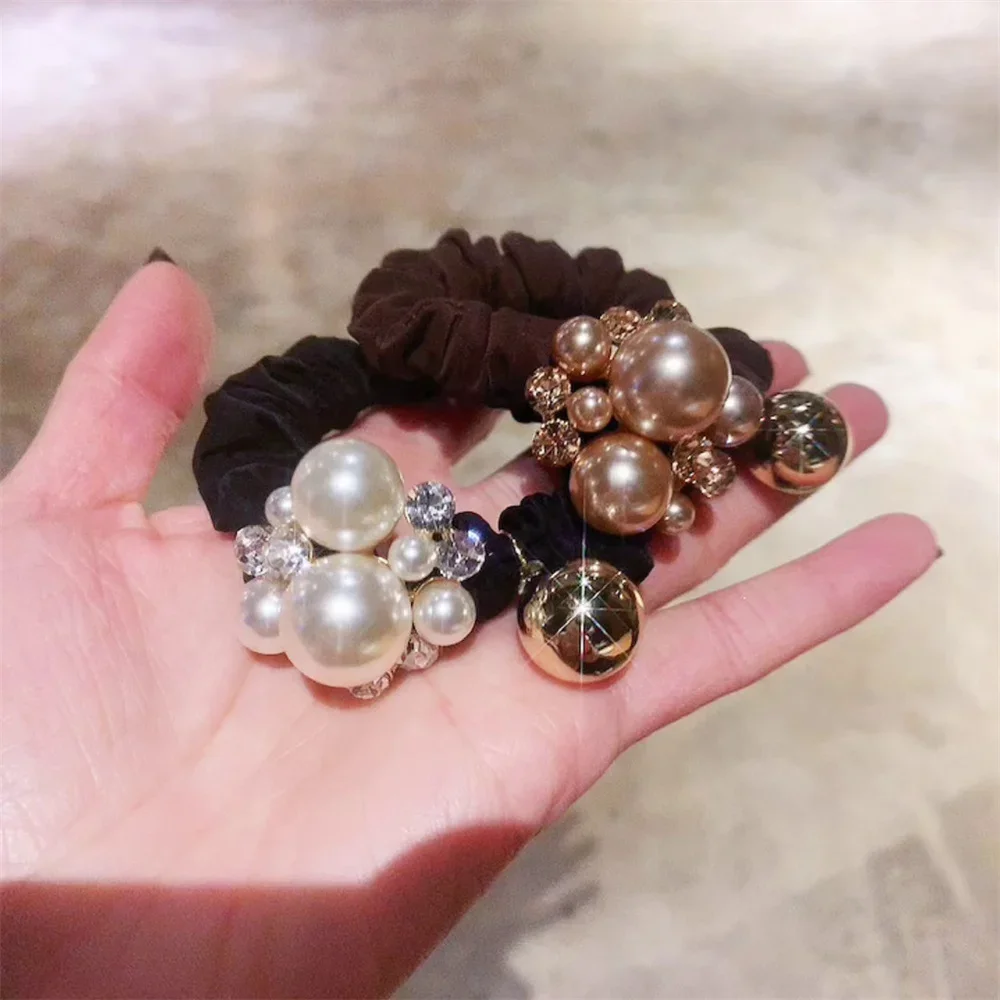 Head Flower Pearl Rhinester Hair Rope Round Ball Head Ring Wrinkled Intestine Ring Women Ponytail Rubber Band Fashion Scrunchies