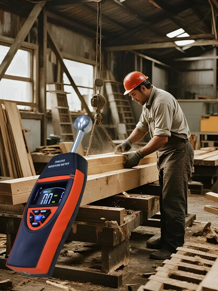 Pinless Moisture Meter with Ball Probe & Color LCD, 0-70% RH, Alarm for Wood Walls Concrete Masonry
