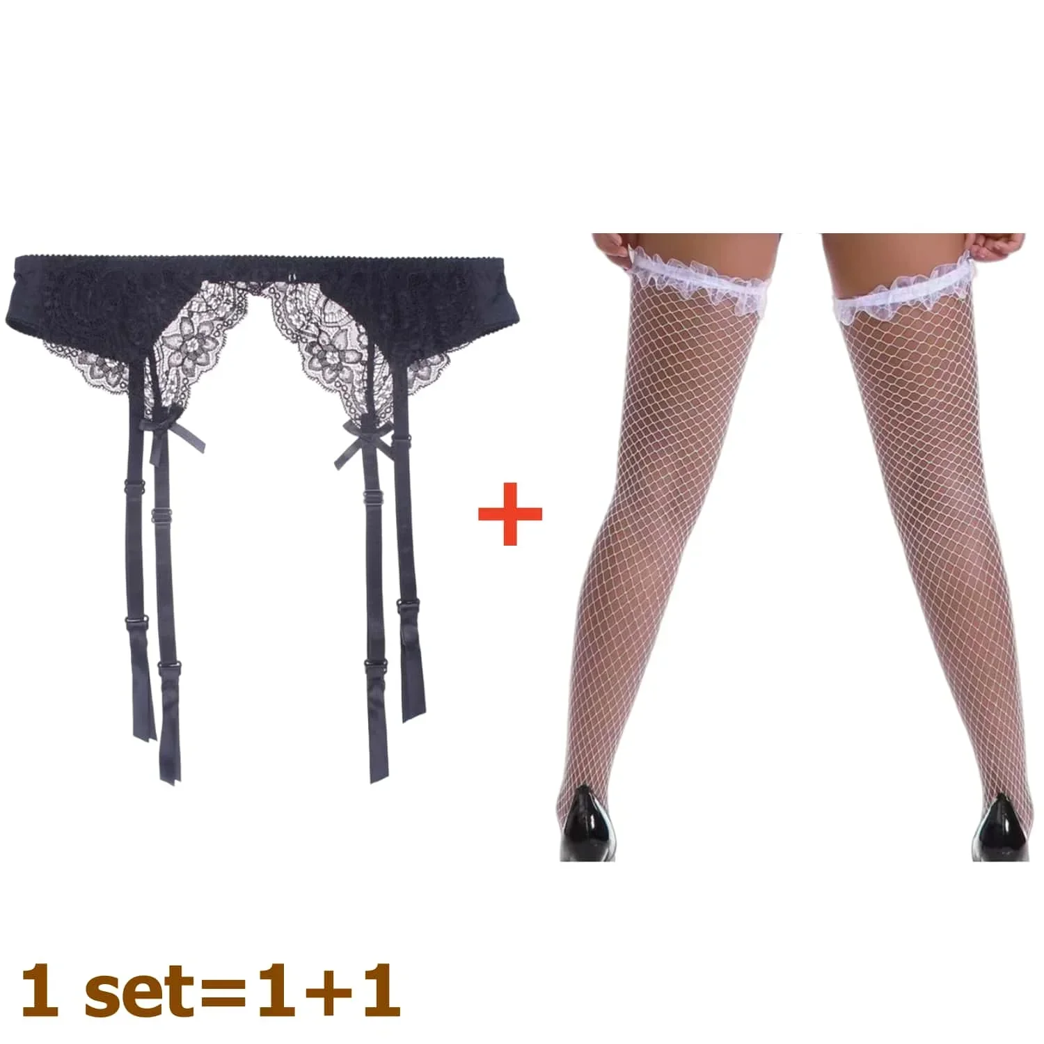 

2PCS SET Black White Red Plus Size Women Suspender Garter Belt with Sheer Lace Fishnet Stockings Lingerie Set for Woman XL