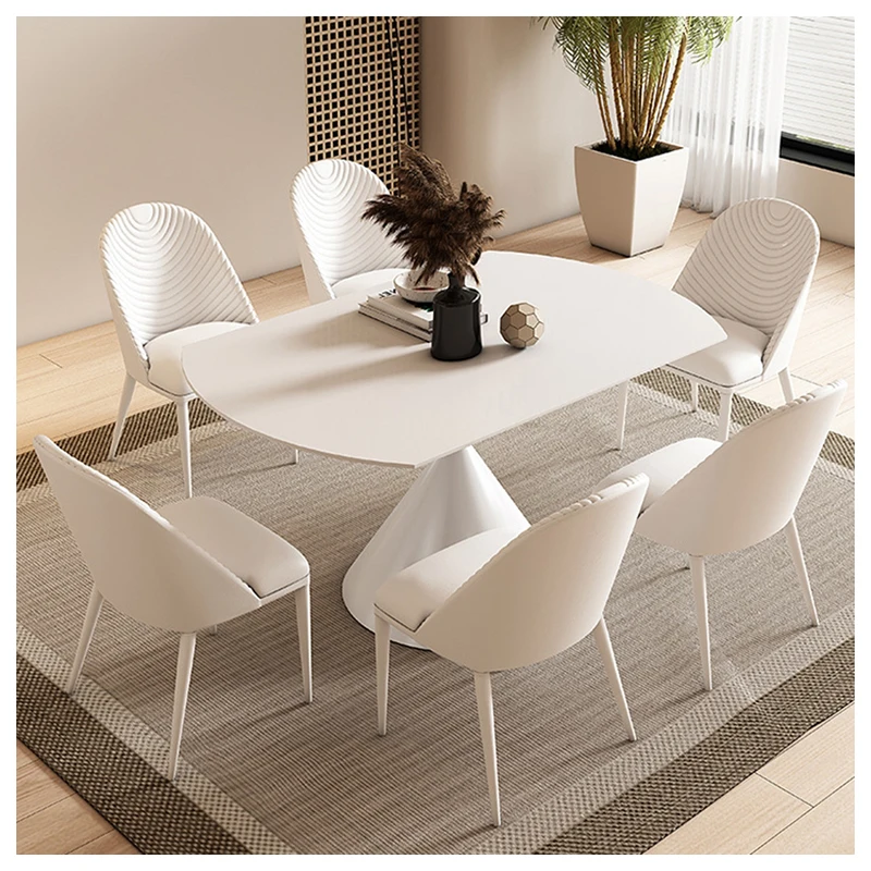 Dining Room Furniture Expandable Rock Board White Dinning Room Set 6 Chairs Retractable Table