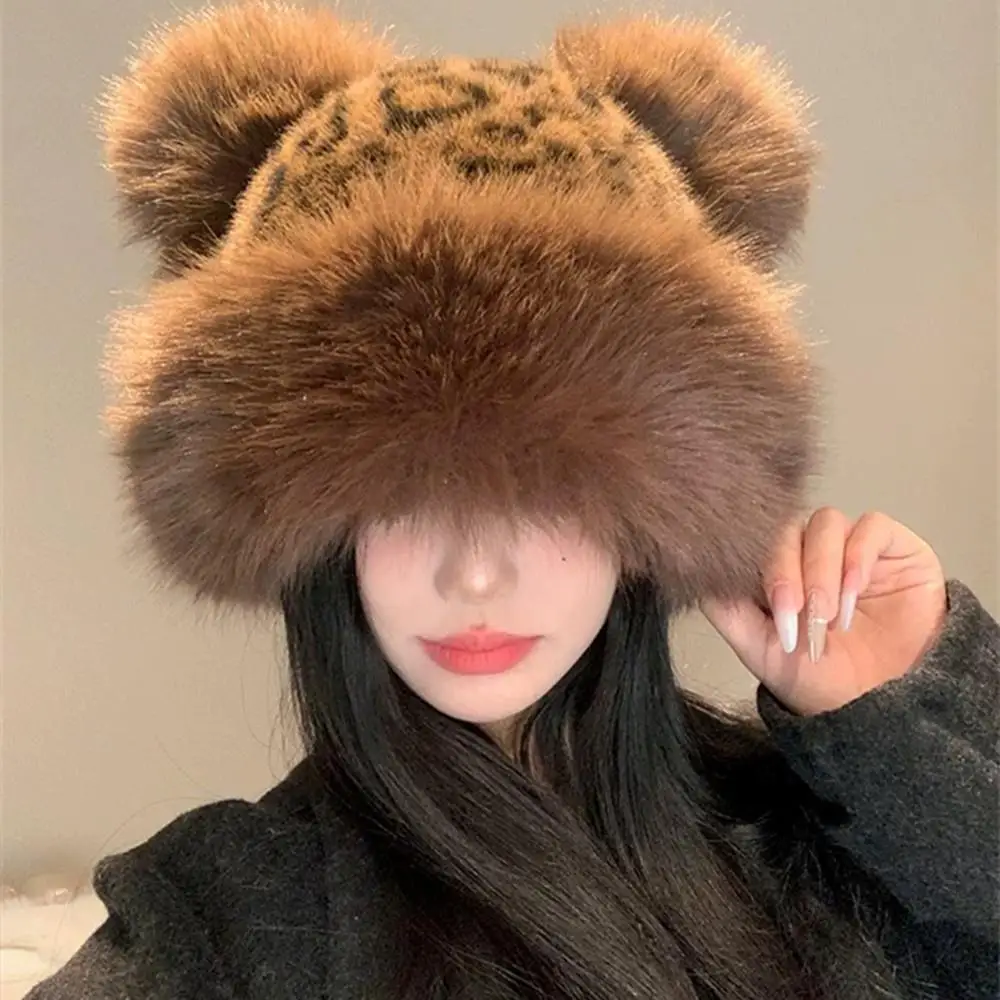 Berretto con orecchie di gatto in peluche con stampa leopardata retrò da donna Addensare cappello di pelliccia calda Cappello a secchiello in pelliccia soffice antivento Cappello Panama per il giorno innevato freddo