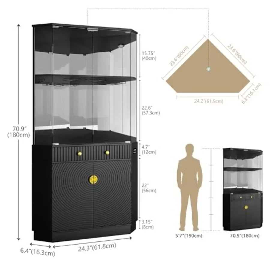 71 Tall Corner Bar Cabinet for Home Bar Use, MDF Wood Material, Black Color, RGB Lighting and Motion Sensor LED