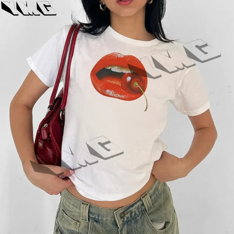 Women's crop top casual minimalist mouth cherry bite print round neck crop top slim fit T-shirt, suitable for summer wear EMO