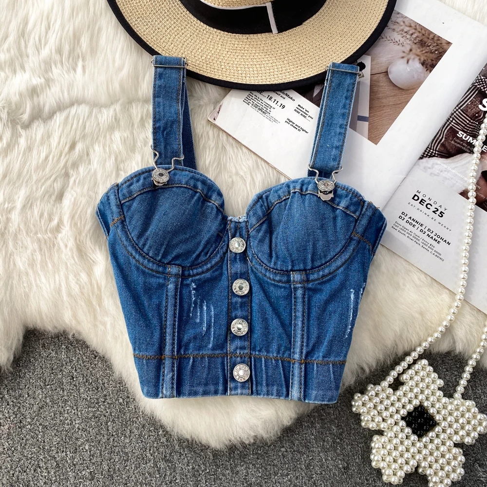 Spaghetti Strap Camisoles Women Summer Single-Breasted Vest Tank Tops Elastic Jeans Vest Streetwear Denim Cropped Tops