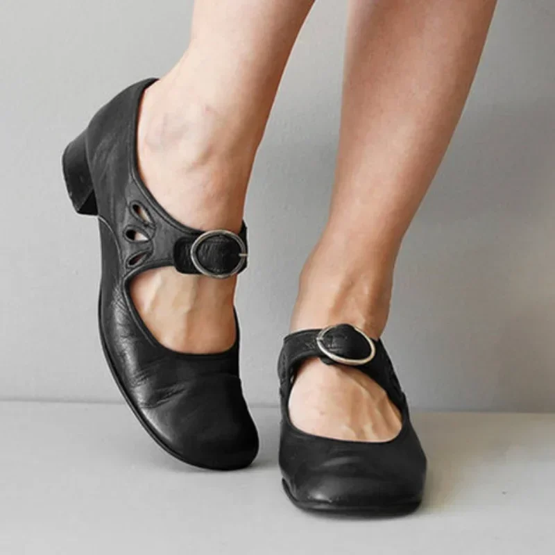 Large Size 40-43 Women\'s Shoes High Heels Spring 2024 New Low Heel Buckle Shallow Single Shoes Heels